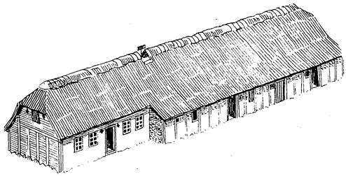 Illustration of a traditional Danish thatched-roof farmhouse, Kiilegaarden