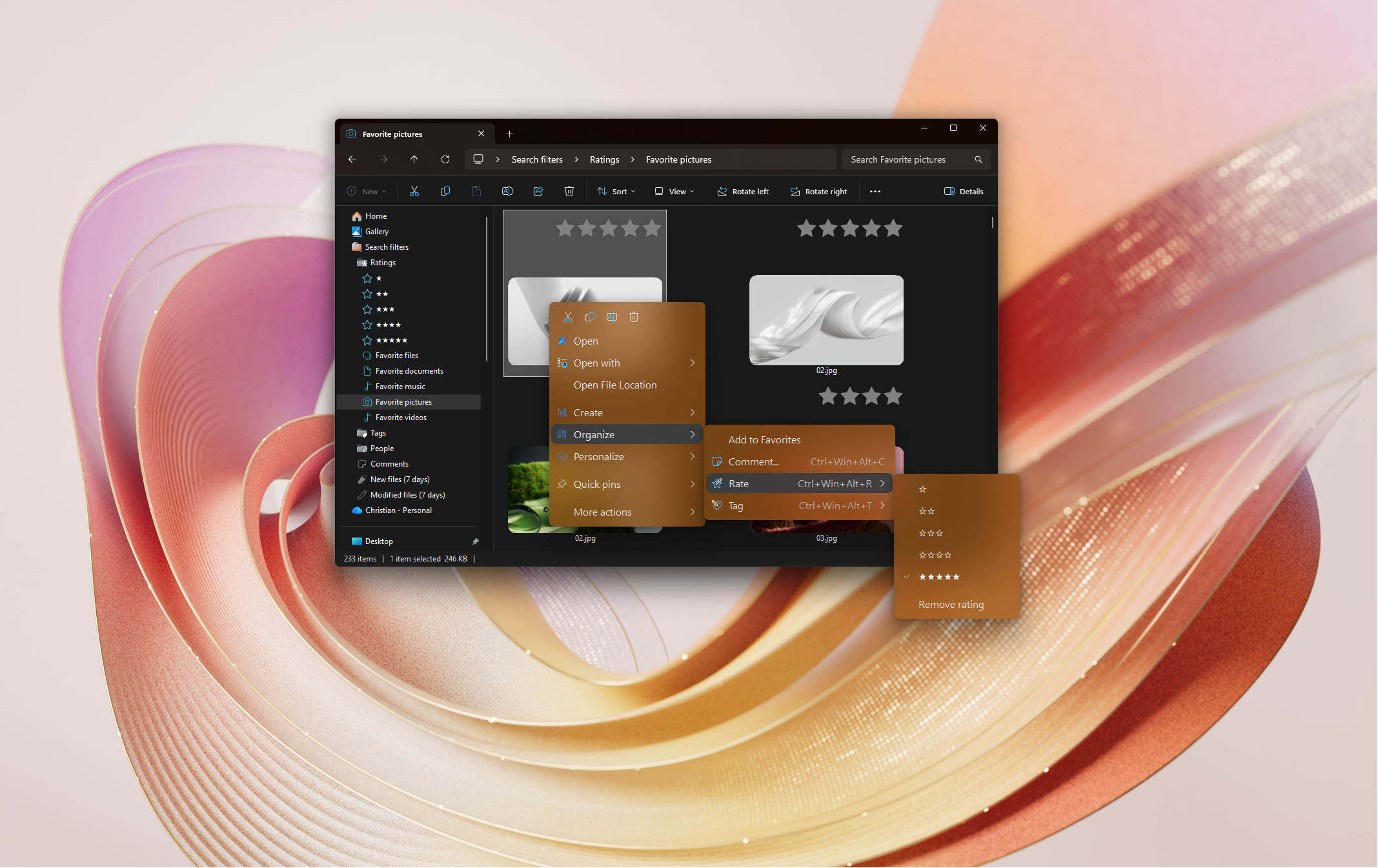 The Rate menu, star overlays and Favorite pictures search filter in File Explorer